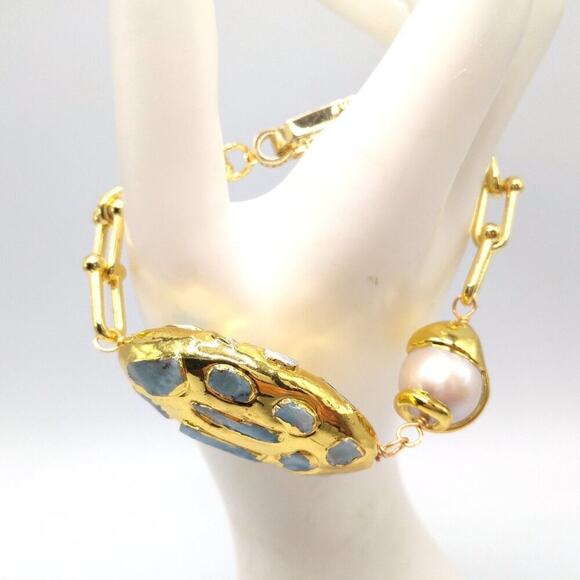 Gold Plated Larimar Gemstone Pearl Bracelet, 8 1/2 Inches, Rhinestone Clasp - Picture 5 of 10